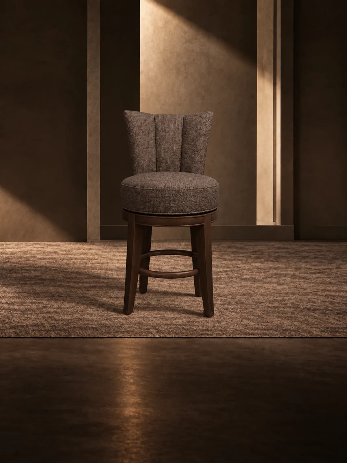 Swivel barstool with a channelled tweed back and a wooden foot ring