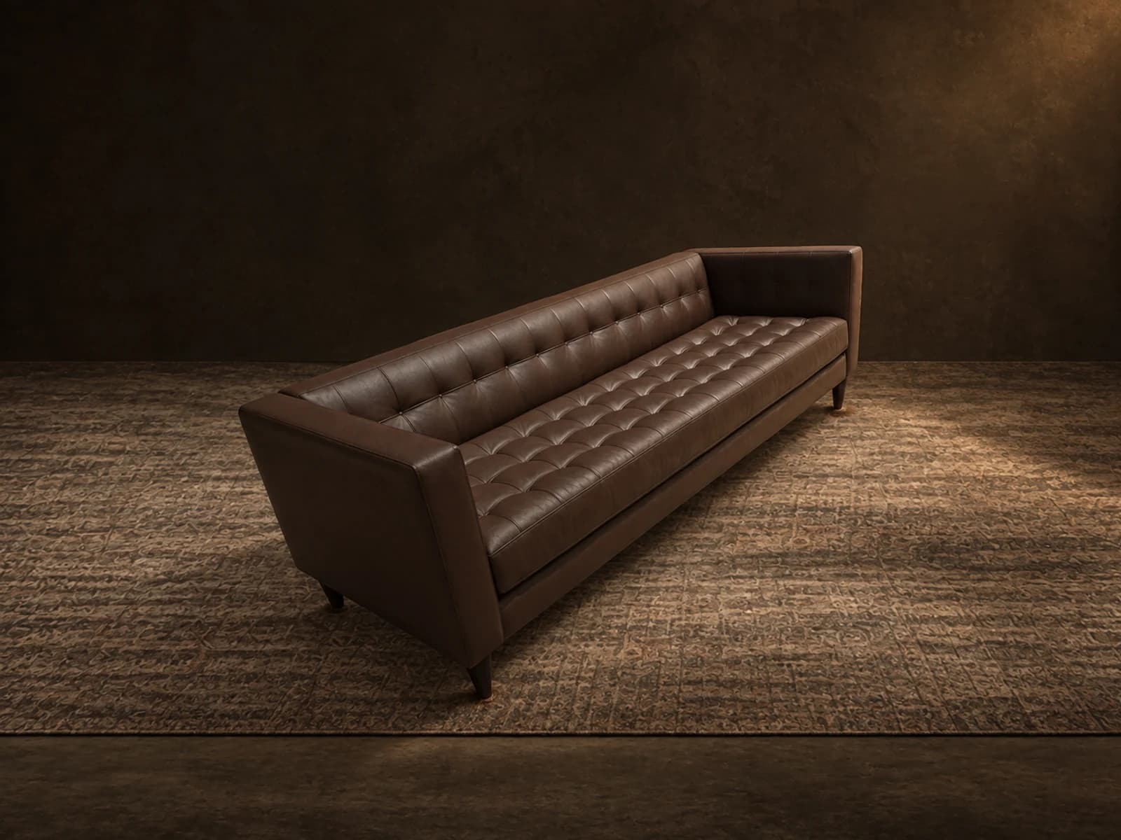 Long sofa with a biscuit-tufted seat and inside back, rebuilt by the shop