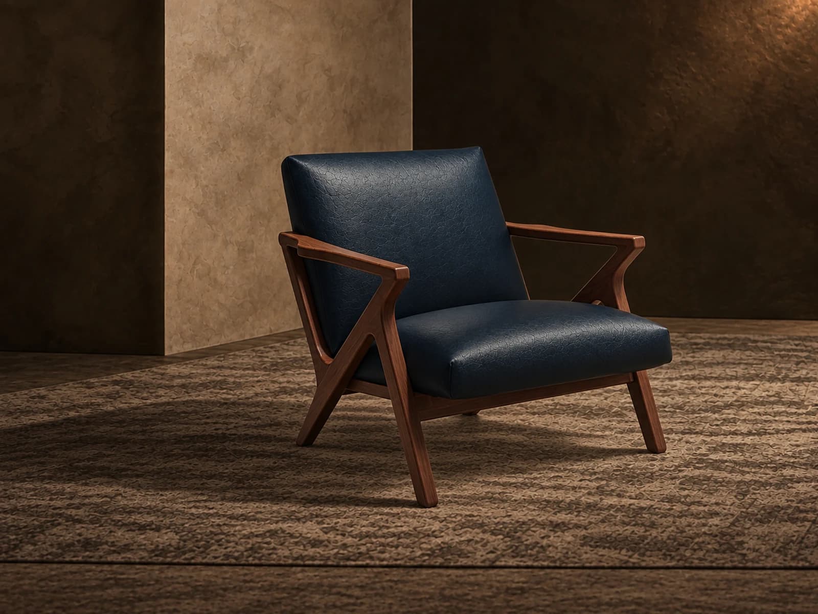 Lounge chair with an exposed hardwood frame and dark upholstered cushions