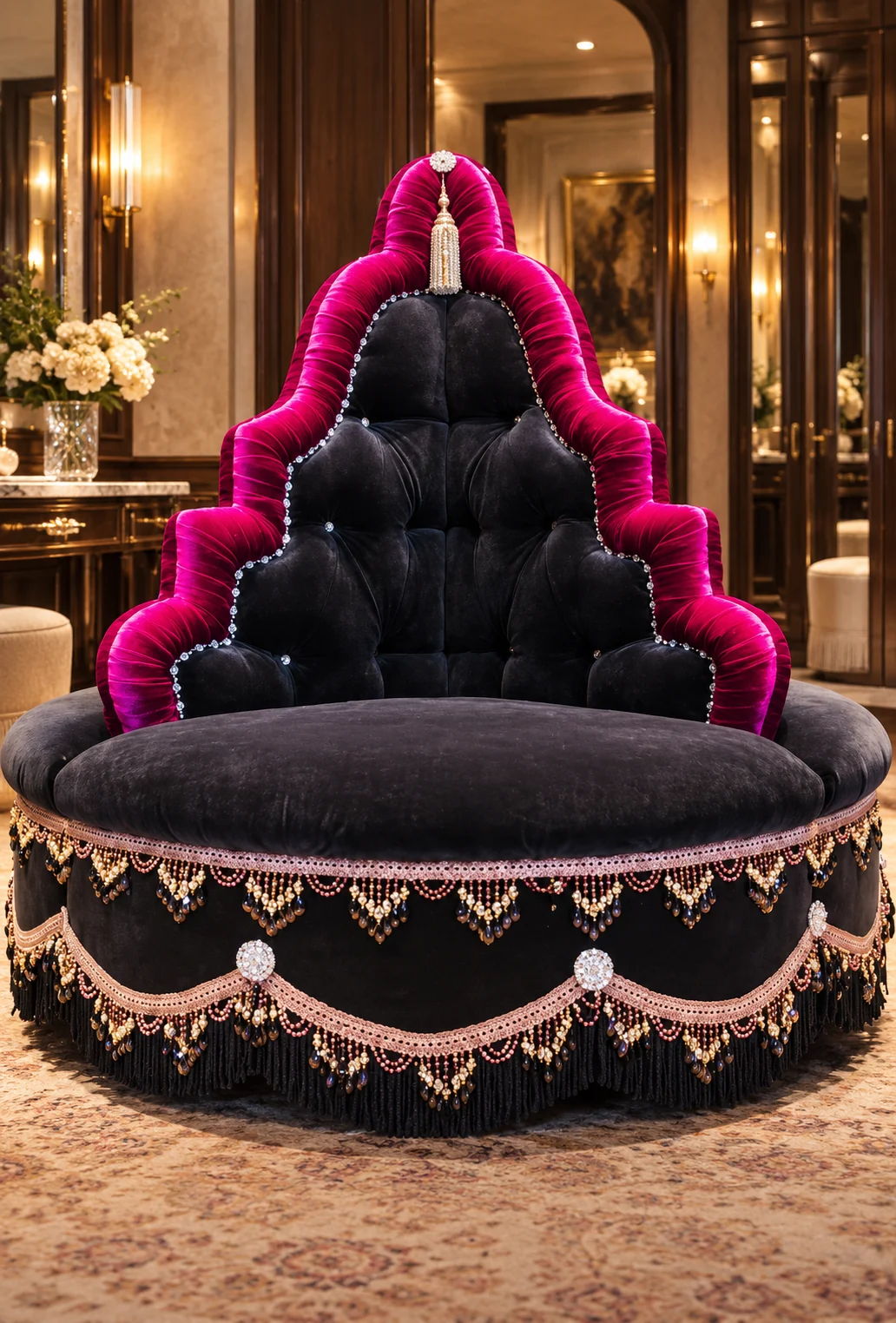 Round chair with a stepped, button-tufted black velvet back edged in fuchsia, a black seat and a skirt of beaded fringe and tassels