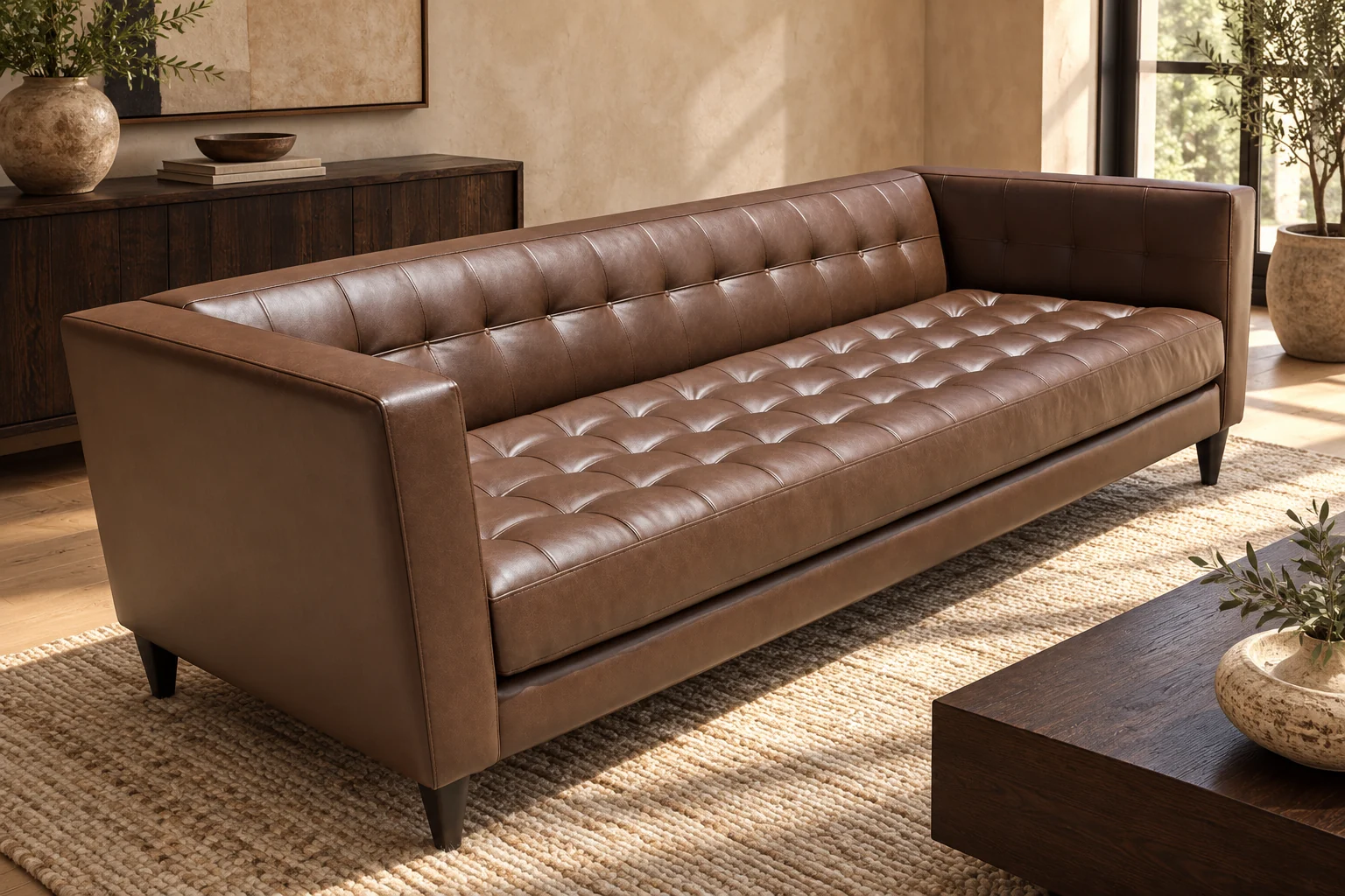 Long sofa in brown leather with a tufted seat and back, a flat dark arm panel and tapered dark legs, on a woven rug in a warm room