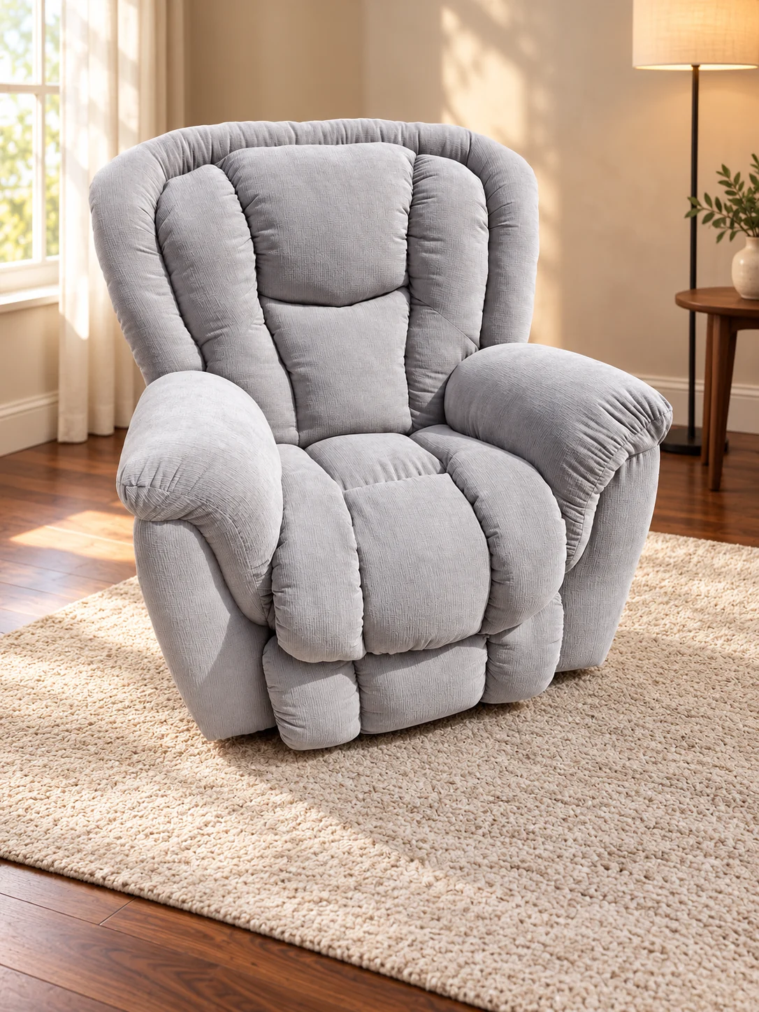 Recliner covered in a light grey plush fabric with deep, rounded channels in the back, arms and footrest, on a rug beside a lamp