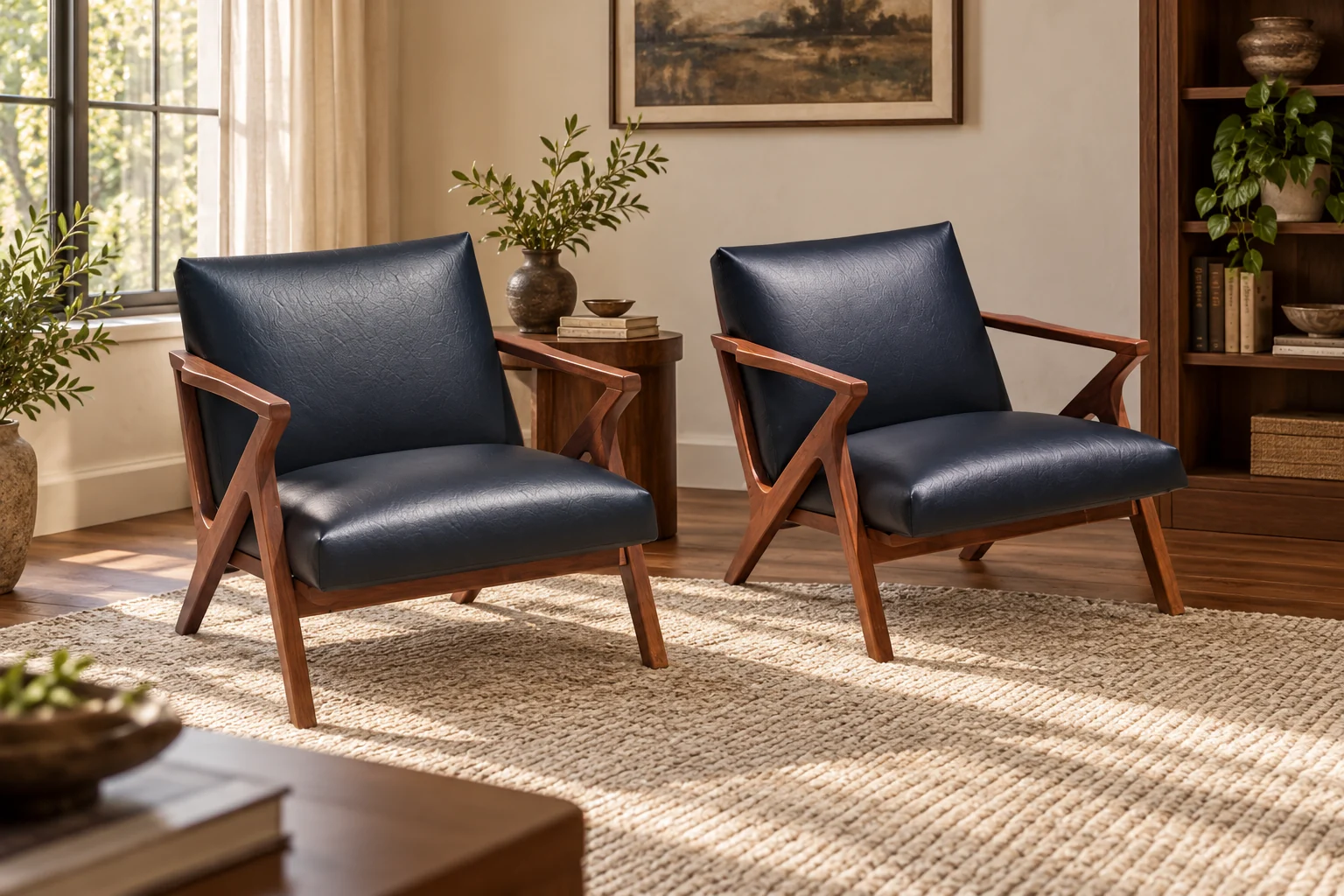 Two lounge chairs with exposed angular wood arms and navy leather seats and backs, on a woven rug in a sunlit room