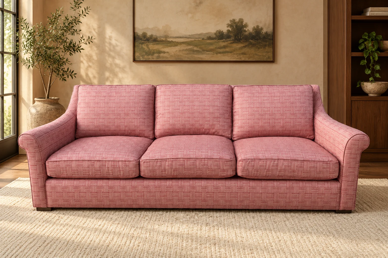 Three-seat sofa with sloped rolled arms and three back cushions, upholstered in a coral-pink woven pattern, in a sunlit room with a wool rug
