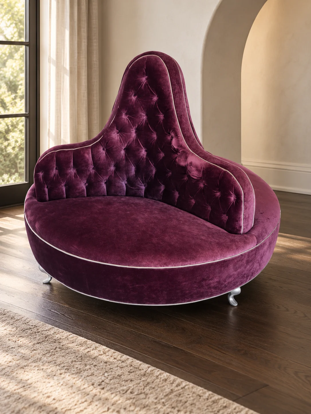Round plum velvet lounge chair with a tall curved tufted back that sweeps around one side, white piping and small metal feet