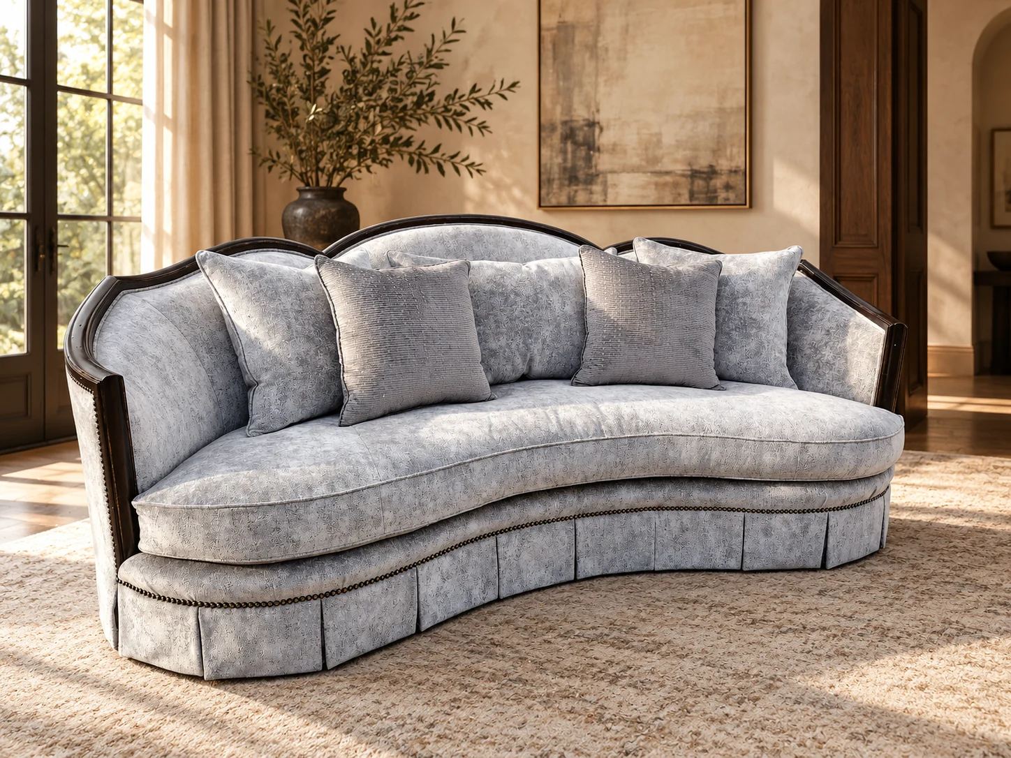 Curved sofa in a soft silver-grey velvet with a dark carved wood frame, nailhead trim, a pleated skirt and scatter pillows, in a sunlit room