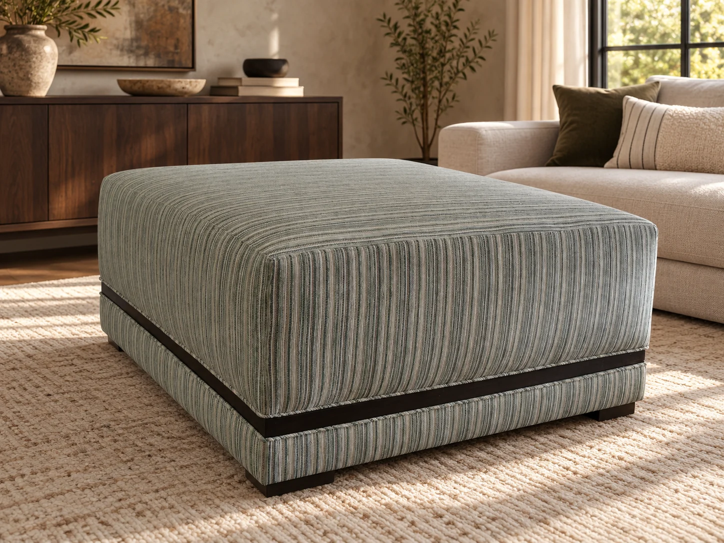 Large square ottoman covered in a grey-green multi-stripe fabric with a dark band above its base, on a woven rug