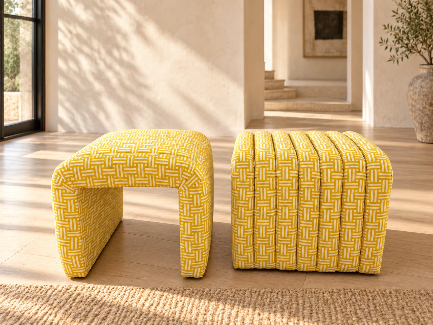 A waterfall-style stool and a channel-tufted stool side by side, both in a yellow and white basket-weave pattern, on a wood floor